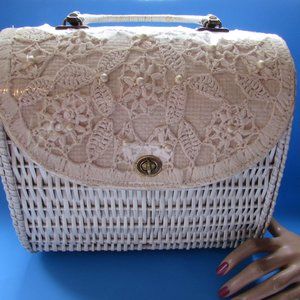 Vintage White Wicker Purse Crochet Flap